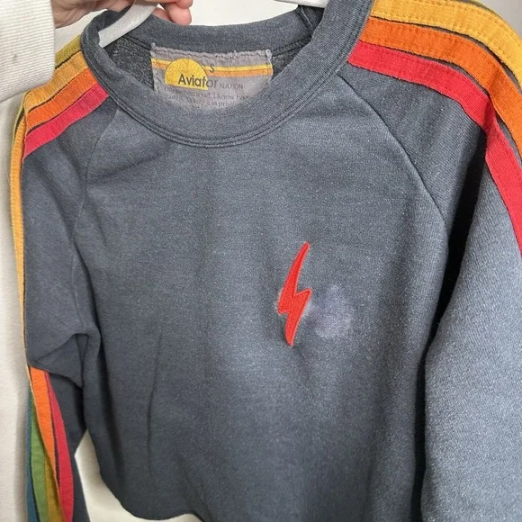 AVIATOR NATION Bolt Cropped Classic Five Stripe Crewneck Sweatshirt Charcoal S - Picture 6 of 6